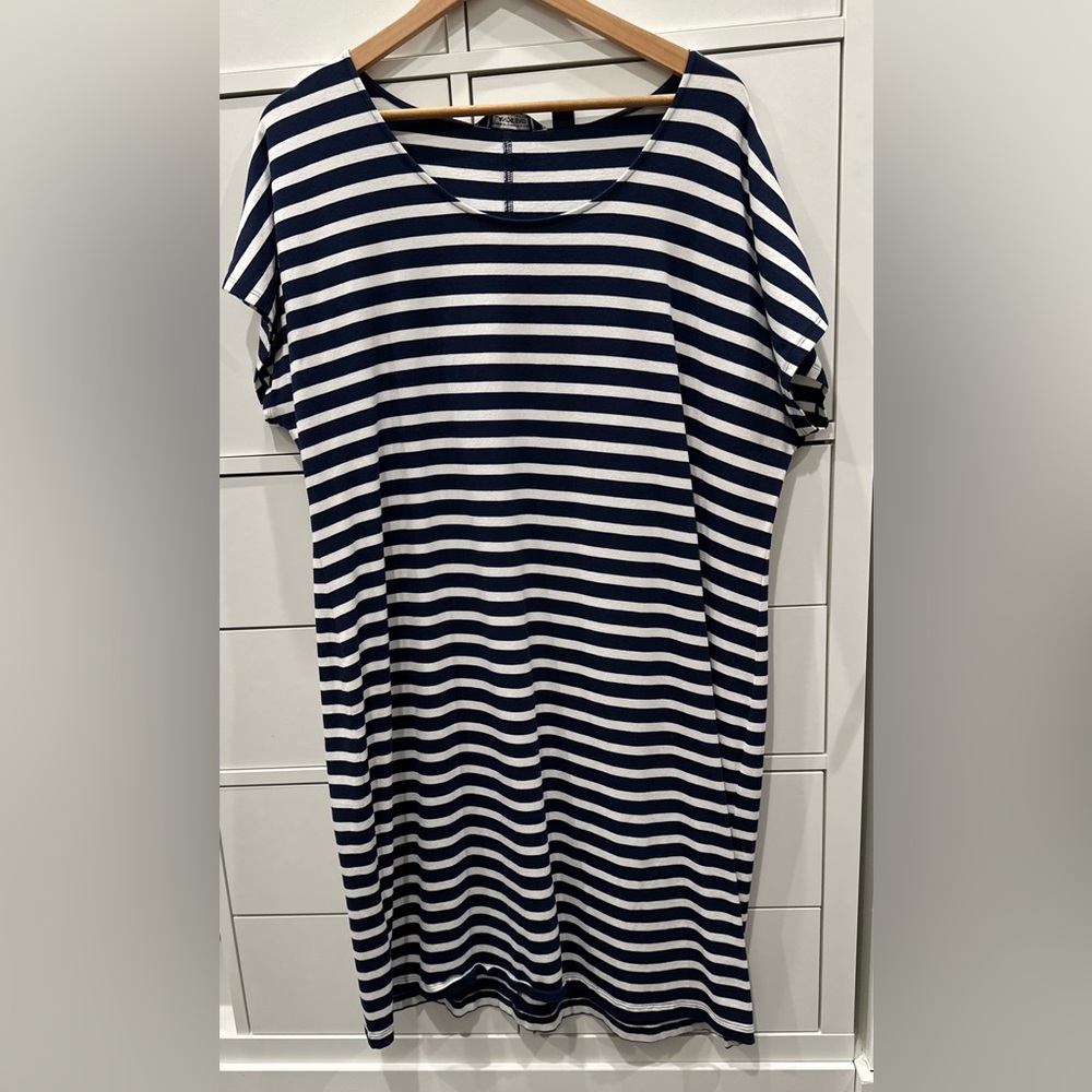 Lands End short sleeve shift dress navy/white stripe, XL